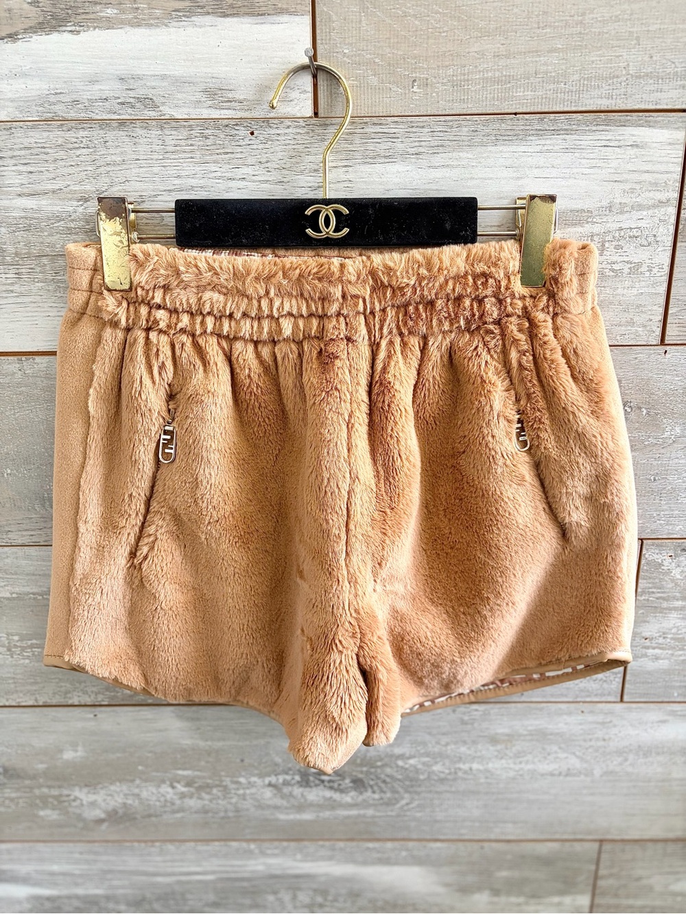 Fendi camel-brown faux fur lounge shorts